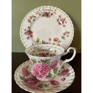 Royal Albert Flower Month November Set Tea Cup Saucer‎ Plate Chrysanthemum